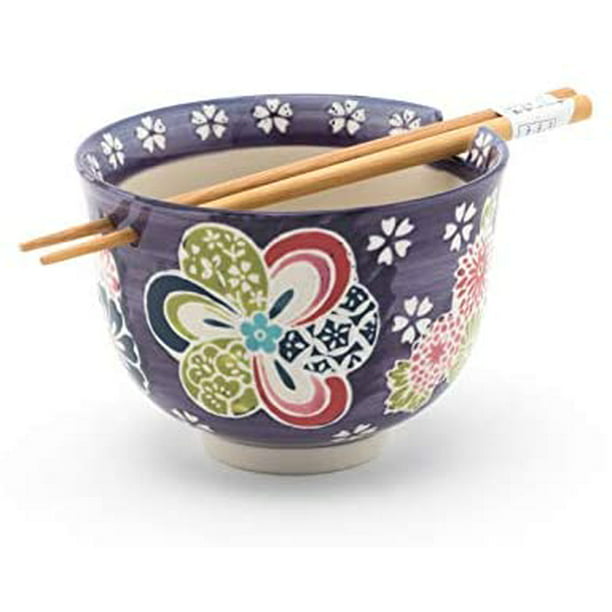 Fuji Merchandise Quality Mosaic Flower Ceramic Ramen Udon Noodle Bowl with Chopsticks Gift Set 5 Inch Diameter 